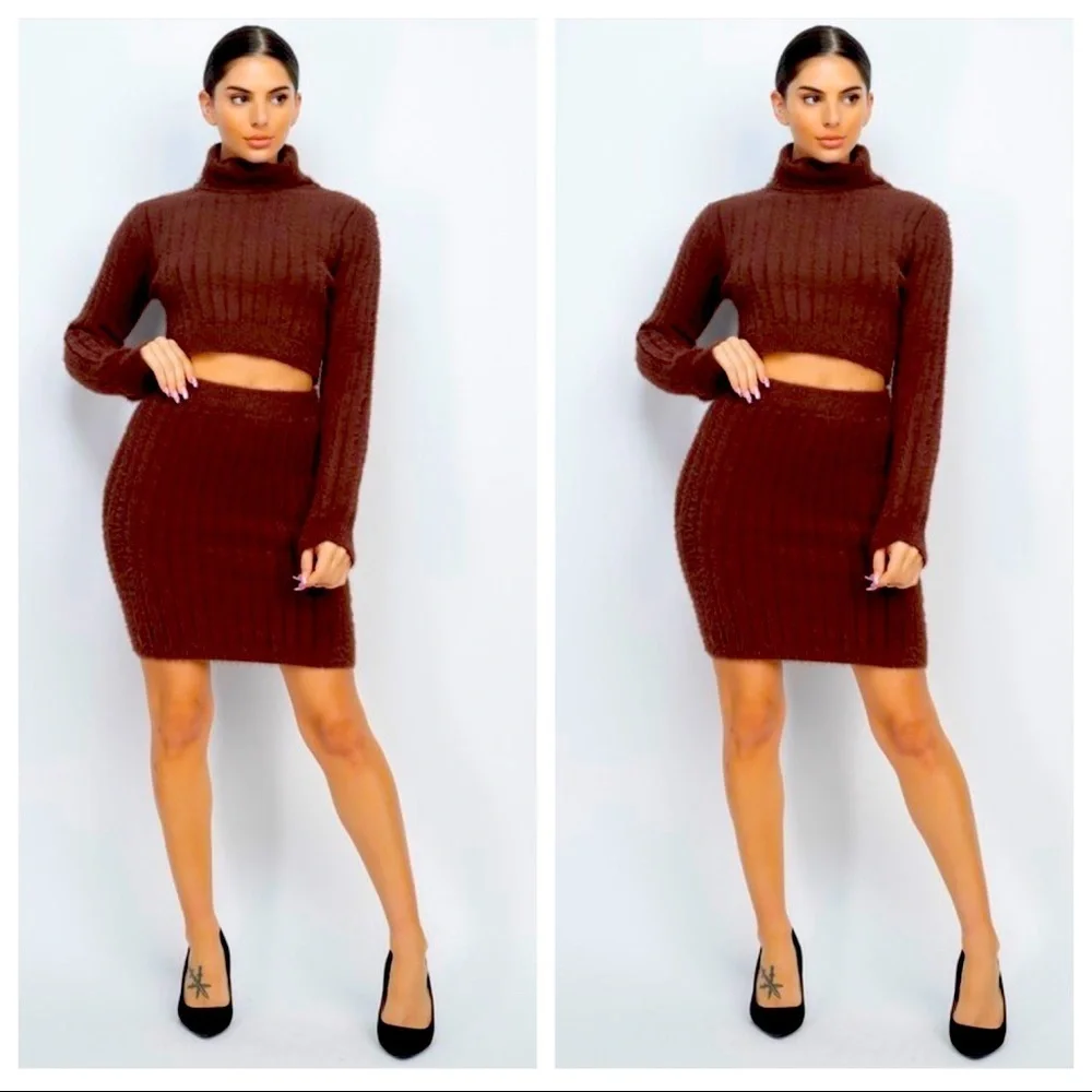 BROWN CHOCOLATE RIBBED FLUFFY SWEATER TWO PIECE LONG SLEEVE CROP TOP MIDI SKIRT